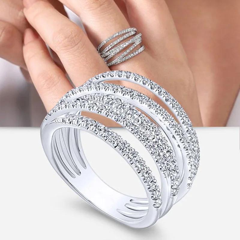 Universal Cubic Zirconia Ring For Men & Women European American Geometric Winding Irregular Multi-Layer Accessory