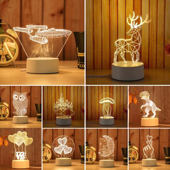 3D Hest/Båt/Tårn Akrylfargeskiftende 3-natt LED-lys Skrivebord Nattbordslampe