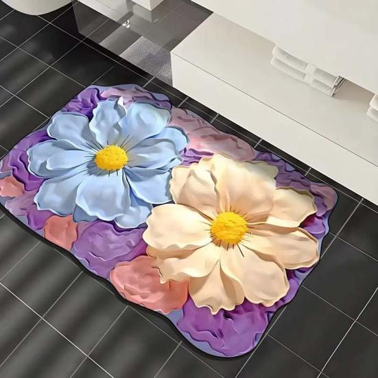Floor Mat with Anti-Slip Bottom Quick-Drying Material 3D Floral Pattern Bathtub Mat Bathroom Kitchen Entryway Decor