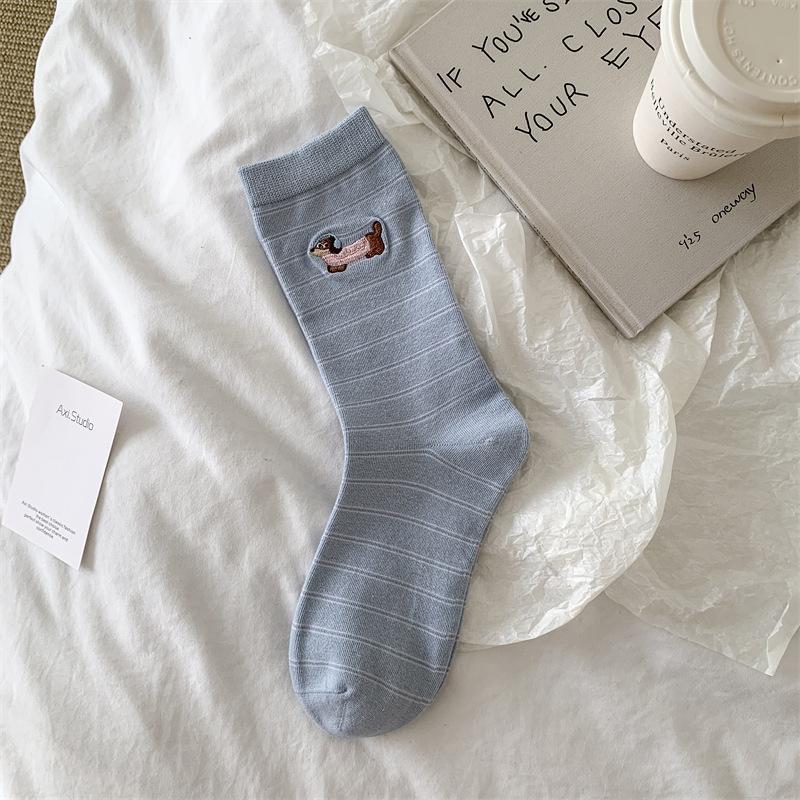 Embroidered Dachshund Dog Medium Thin Cotton Socks Pinstripe Dachshund Dog Basic Versatile Cotton Socks Style