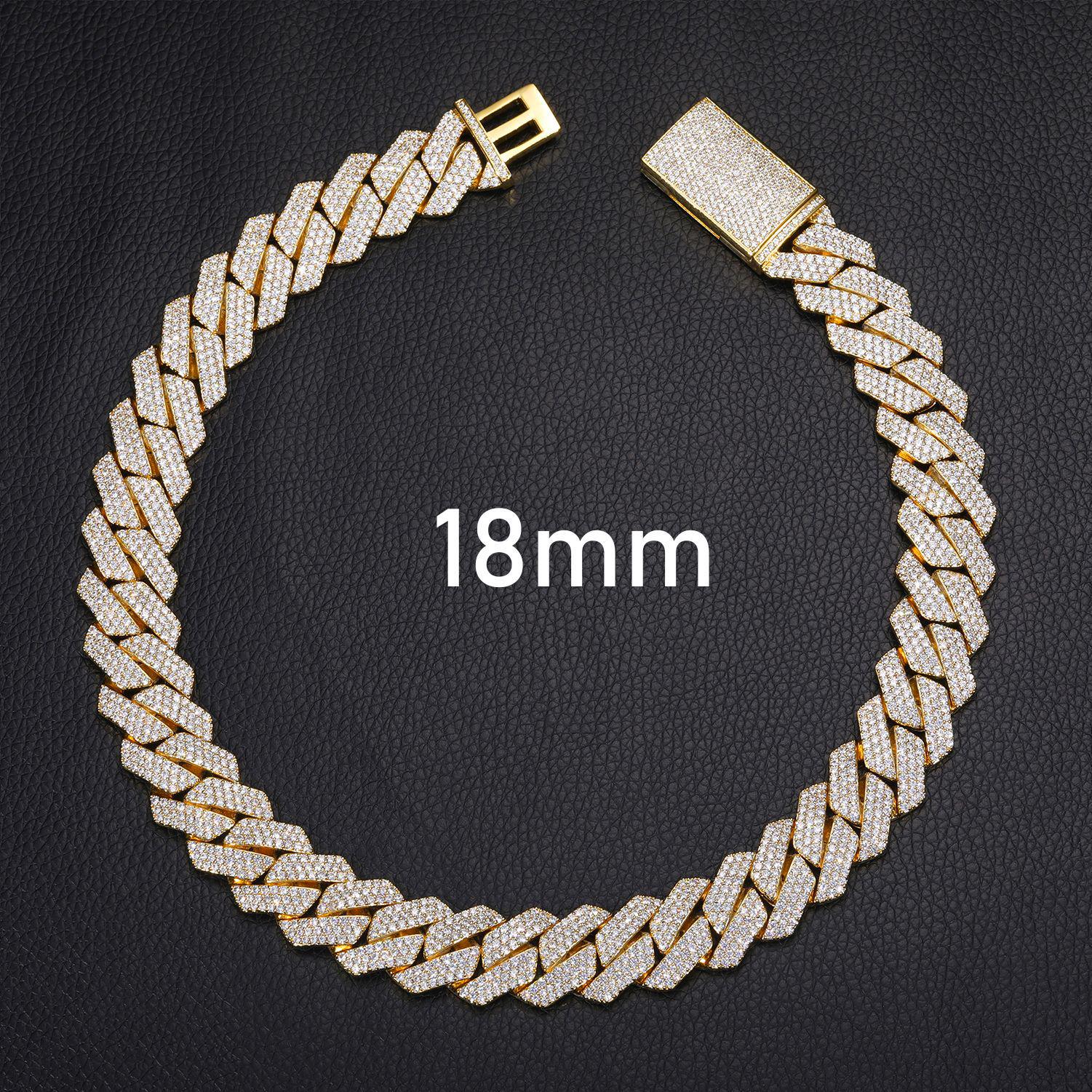 18mm Copper Inlaid Moissanite Rhombus Cuban Link Necklace - High-end Hip Hop Jewelry Bracelet 7in (18cm) золотой