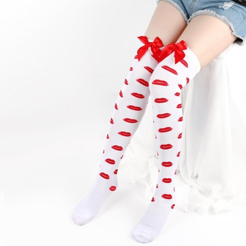 Valentines Day Over Knee Long Socks Cute Bowknots Lip Heart Pattern Thigh High Stockings for Women Parties Casual Wear