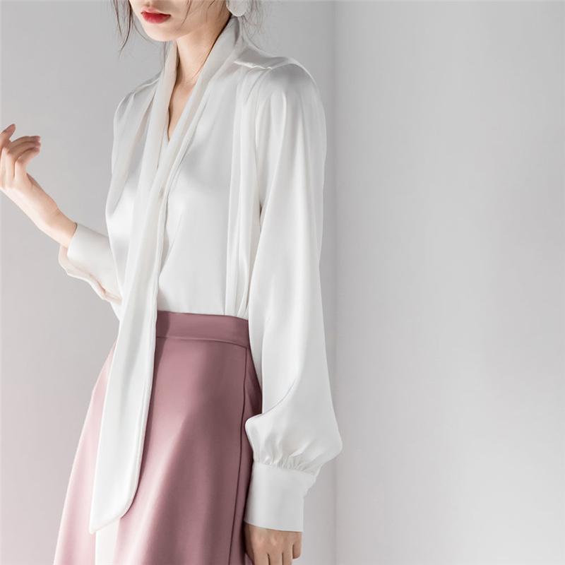 Satin Elegant Chic Ribbon Collar Long Sleeve Office Lady Shirt Spring Korean Fashion Simple Loose Solid Blouse Top Women Blusas