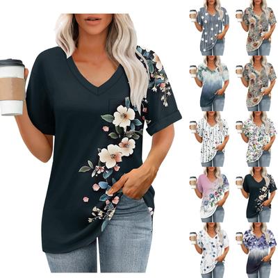 Moda feminina bolso decote em v manga curta planta floral estampa camiseta top