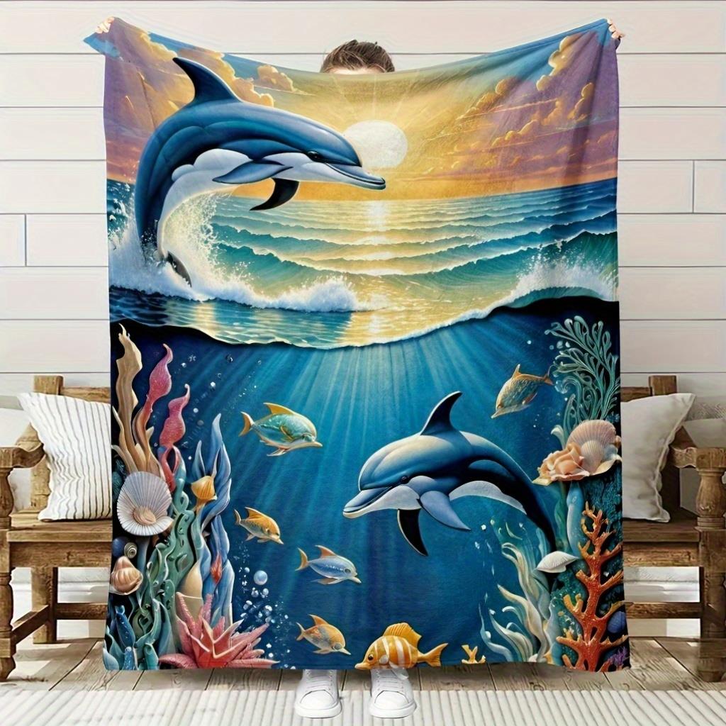 

Dolphin coral reef pattern Flannel printed blanket suitable for all seasons suitable for living room office sofa and travel 75x100cm (30x40inch)