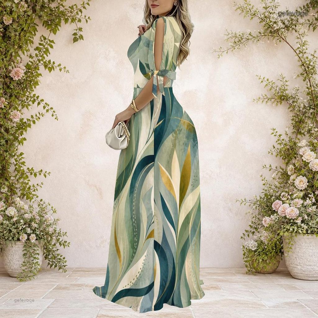 Women Plus Size V Neck Cold Shoulder Short Sleeve Tie Cuff Printed A Line Maxi Dress