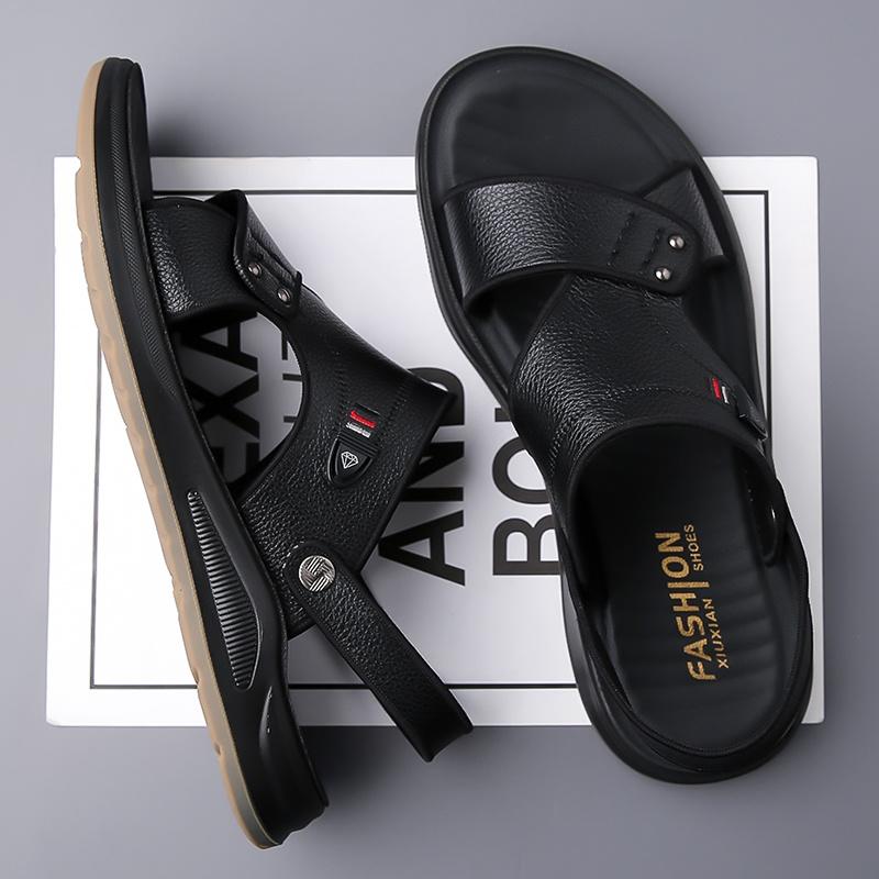 Herren Braune Flache Hausschuhe Sommer Outdoor Breite Zehenpartie Wandersandalen Retro Schwarzes Leder Offene Zehenpartie Strandschuhe Übergröße