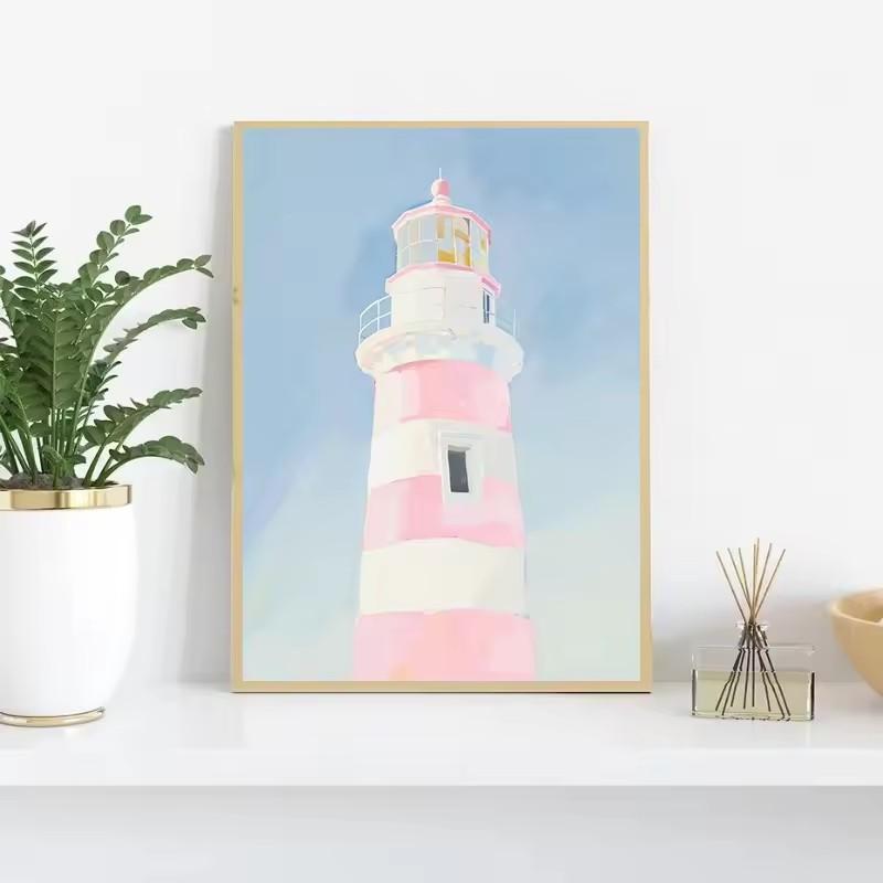 Pink Watercolor Ocean Waves Seascape Poster Oyster Shell Beach Umbrella Surfing Canvas Printing Wall Art Picture Home Decor