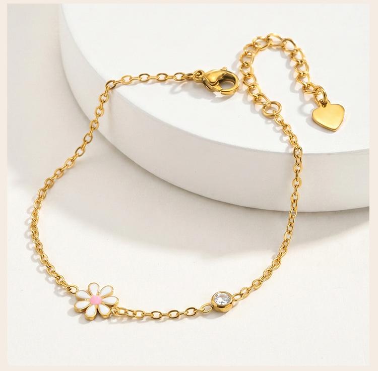 Minimalist Enamel Daisy Flower Bracelet, 18K Gold Plated Stainless Steel, Waterproof Dainty CZ Charm Jewelry Gift
