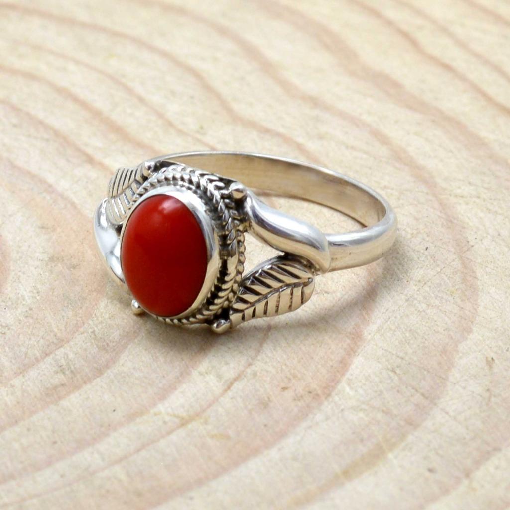 Red Coral 925 Sterling Silver Ring, Birthstone Handmade Leaf Ring, Gift For Her, Anniversary Gift Ring