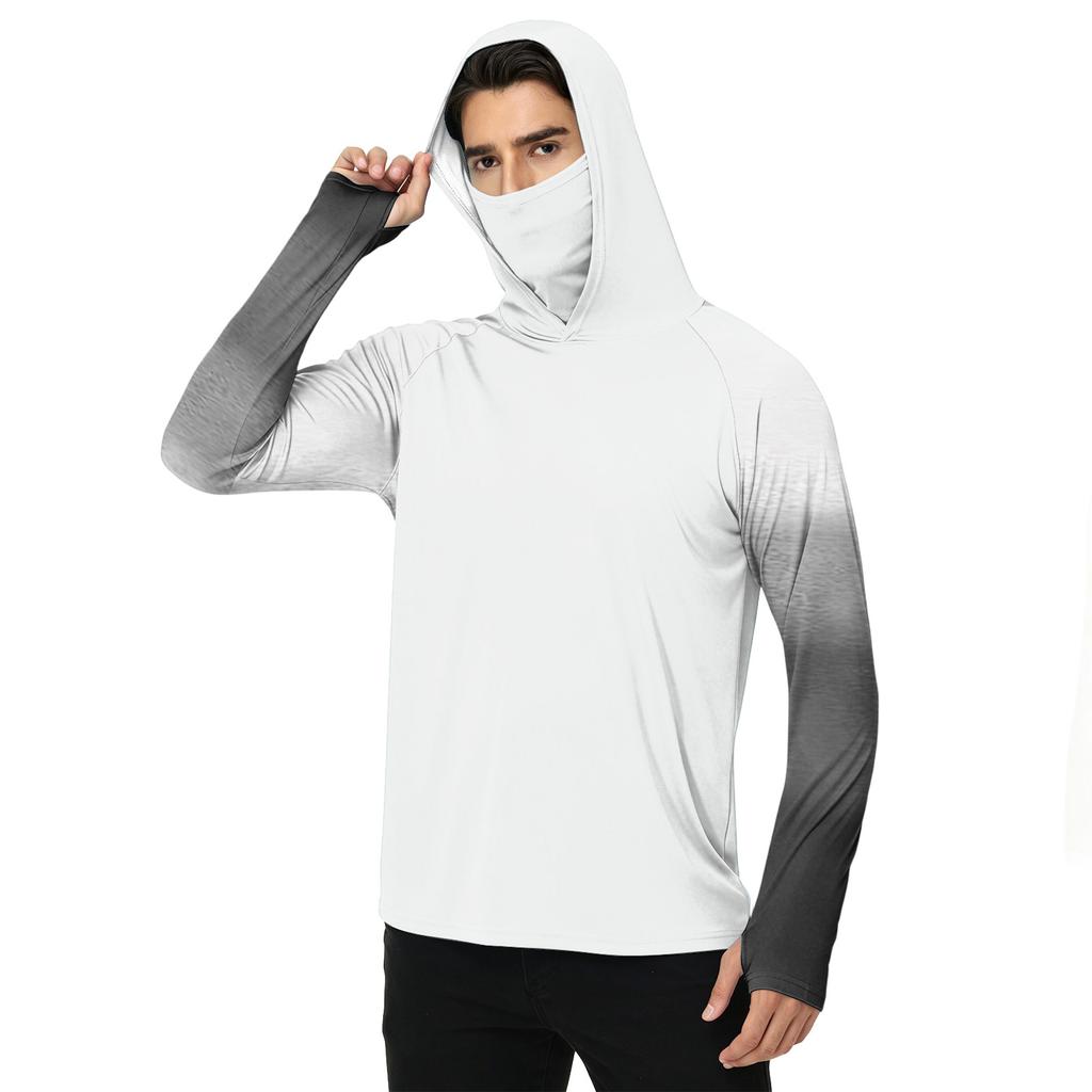 Men's Casual Outdoor Gradient Print Hooded Long Sleeve Sun Protection Shirt Lightweight Breathable UV Resistant Pullover Top