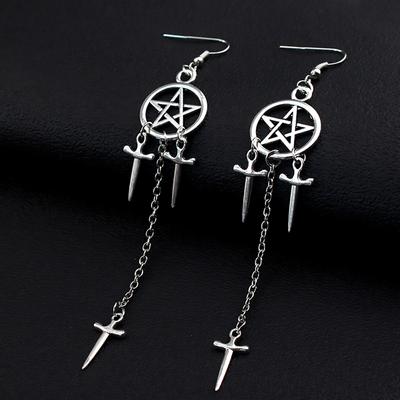Pentagram Sword Earrings Silver Plated Hug Hoop Pendant Witch Jewelry Pagan Wikentaro Gothic Emo Women's Gift