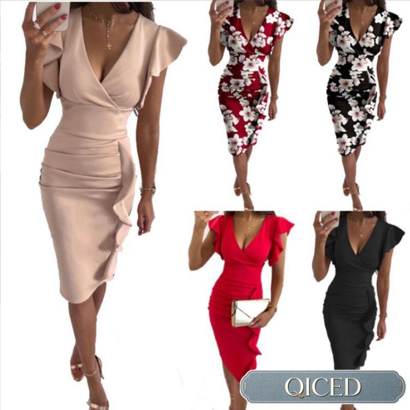 QICED Women's Fashion Summer Spring V-Neck Short Sleeve Casual Dresses Casual Chic