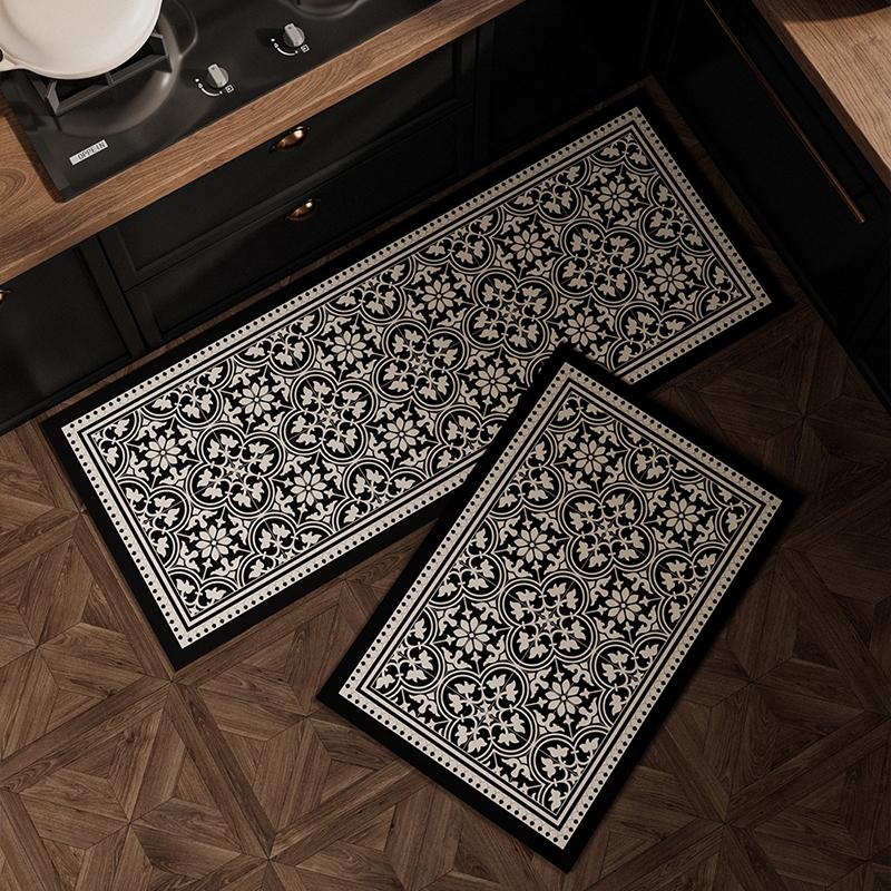 

Kitchen Floor Mat Waterproof Non-slip Wash-free Carpet PVC Leather Strip Rugs American Black and White Home Decoration Foot Mats 50x80cm