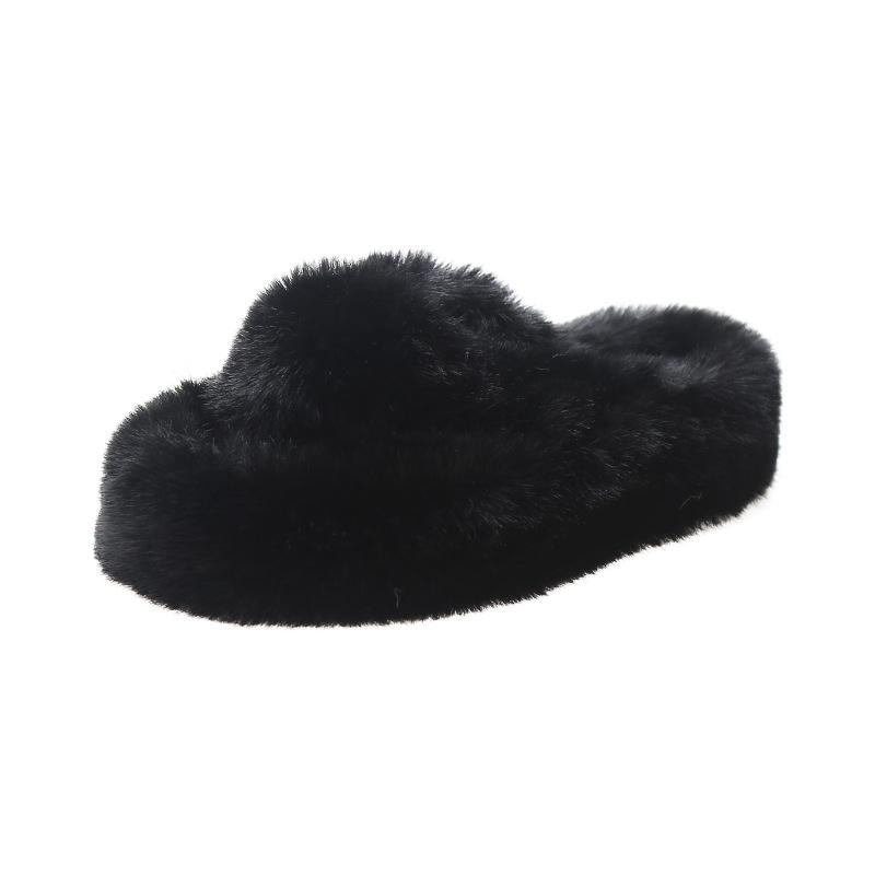 2025 Women's Open Toe Cross-Strap Fur Slippers: Autumn/Winter Fashion, Thick Sole, Height Boosting