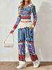 Spring and Autumn digital print women's V-neck long sleeve pants set, comfortable, casual, versatile, slim fit two-piece set
