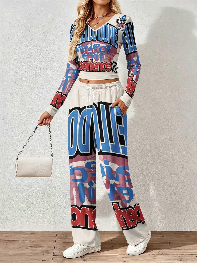 Spring and Autumn digital print women's V-neck long sleeve pants set, comfortable, casual, versatile, slim fit two-piece set
