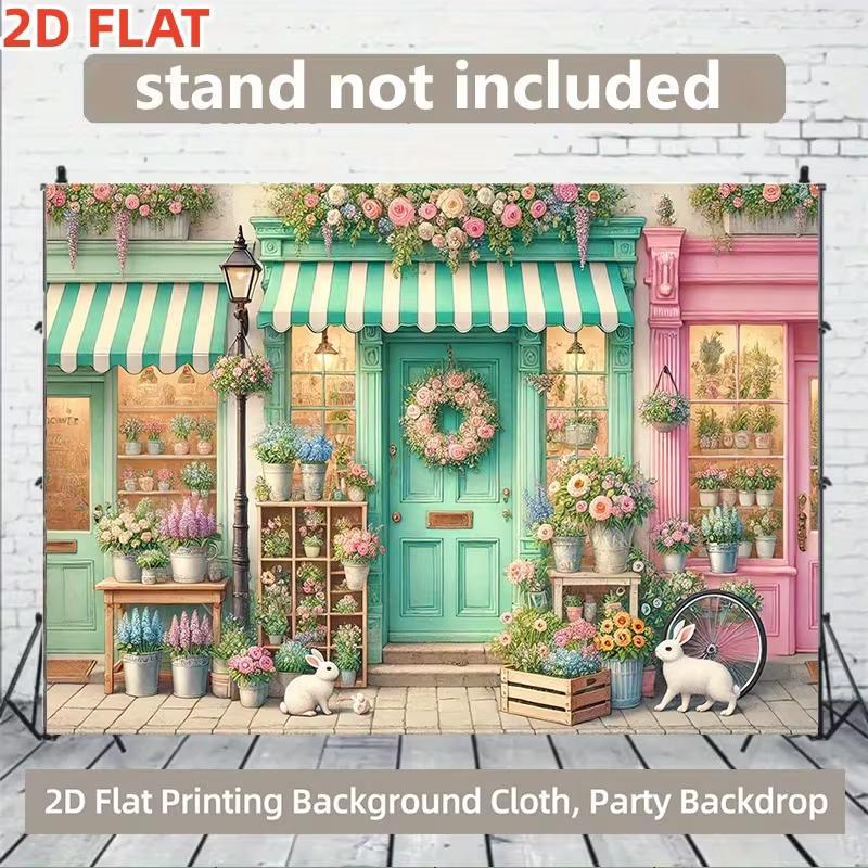 Green Pink Storefront Rabbit Flower House Kids Birthday Photography Background Cloth
