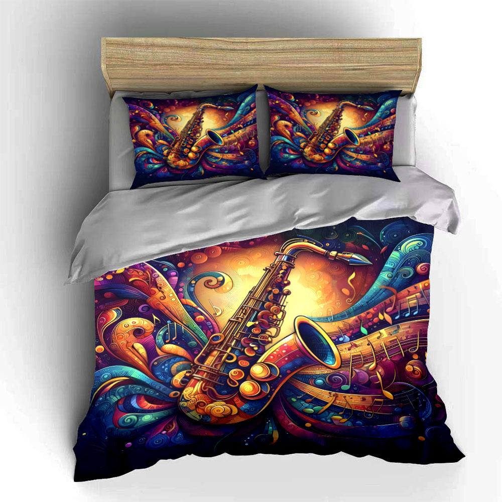 Set Biancheria da Letto Colorato con Decorazione Musicale di Sassofono con 1 Copripiumino 2 Federe Singolo Matrimoniale King Queen, Regalo