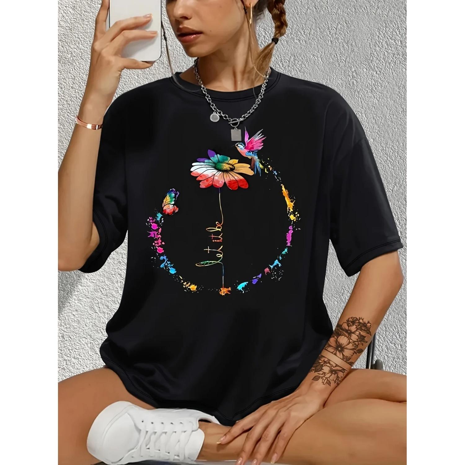 

Women s Floral and Bird Print Casual T-Shirt - Short Sleeve Round Neck Sports Tee for Activewear S чёрный