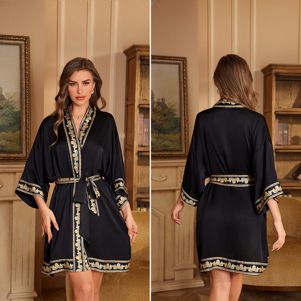 Yaoting Elegant Retro Chinese-Style Satin Nightgown for Women, Luxurious & Noble Home Bathrobe - Summer 3370.
