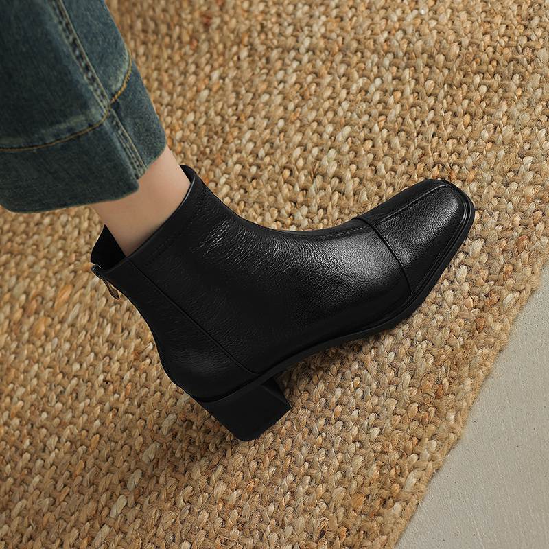 Krazing Pot Sheepskin Autumn Winter Shoes Thick Heels Size 42 Square Toe Zipper Vintage Ankle Boots
