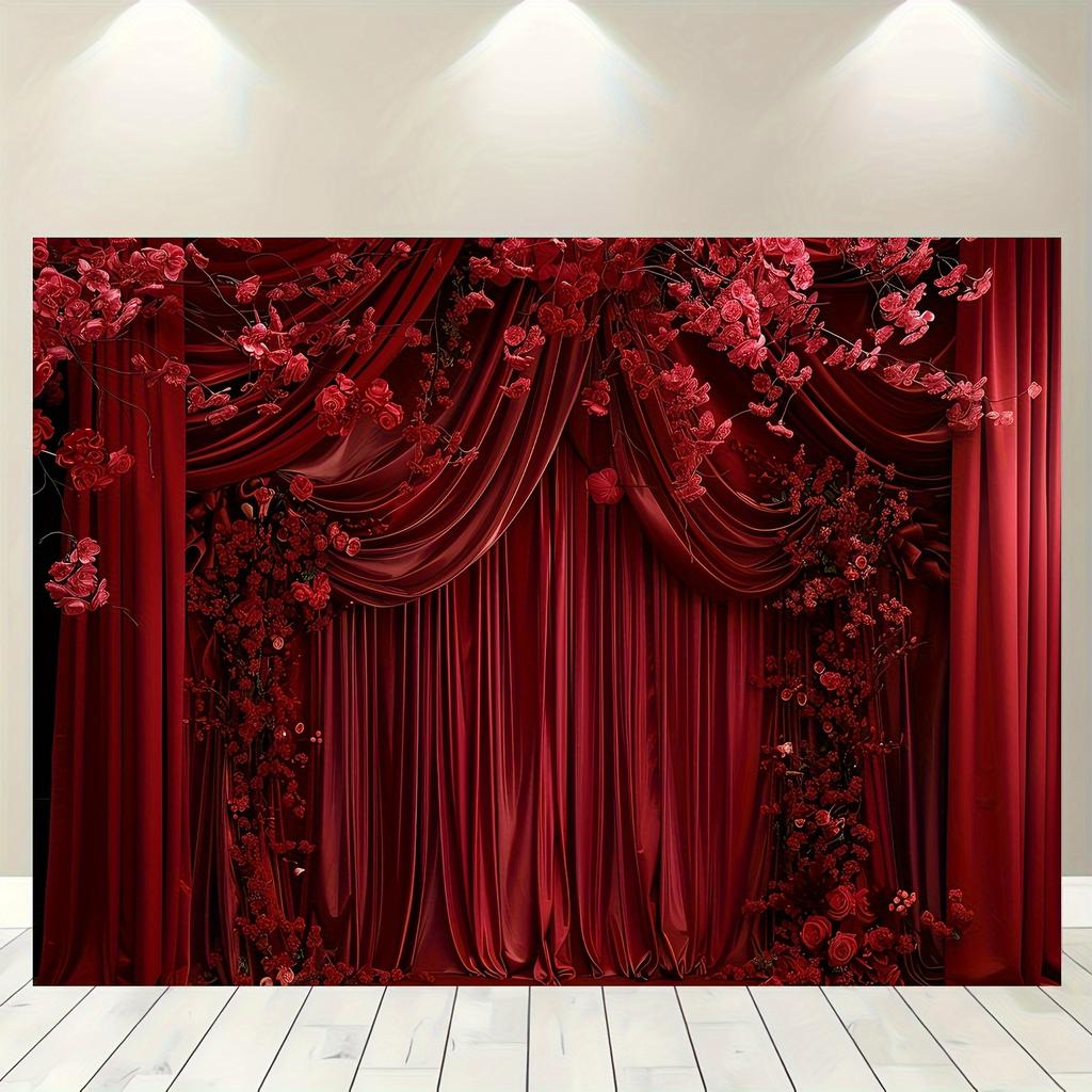 Red Curtain Background with Floral Design, Party, Wedding, Photography, Home Decor, Versatile for All Occasions and Seasons