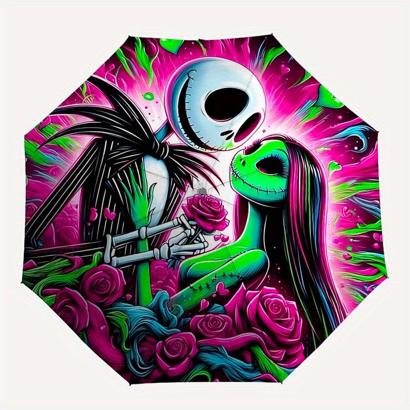 1 Auto Open Jack Skellington, Sally Themed Colorful 8-rib Portable Umbrella for Men and Women, A Compact Commuting Companion Suitable for Da