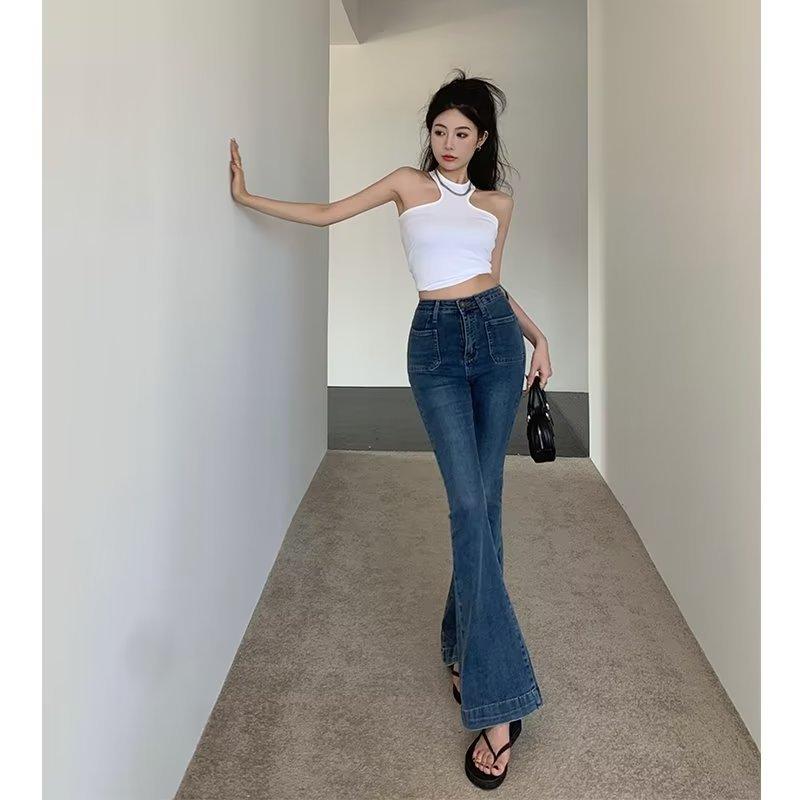 Jeans women's Hong Kong style retro high waist summer new small thin versatile micro flared pants trousers