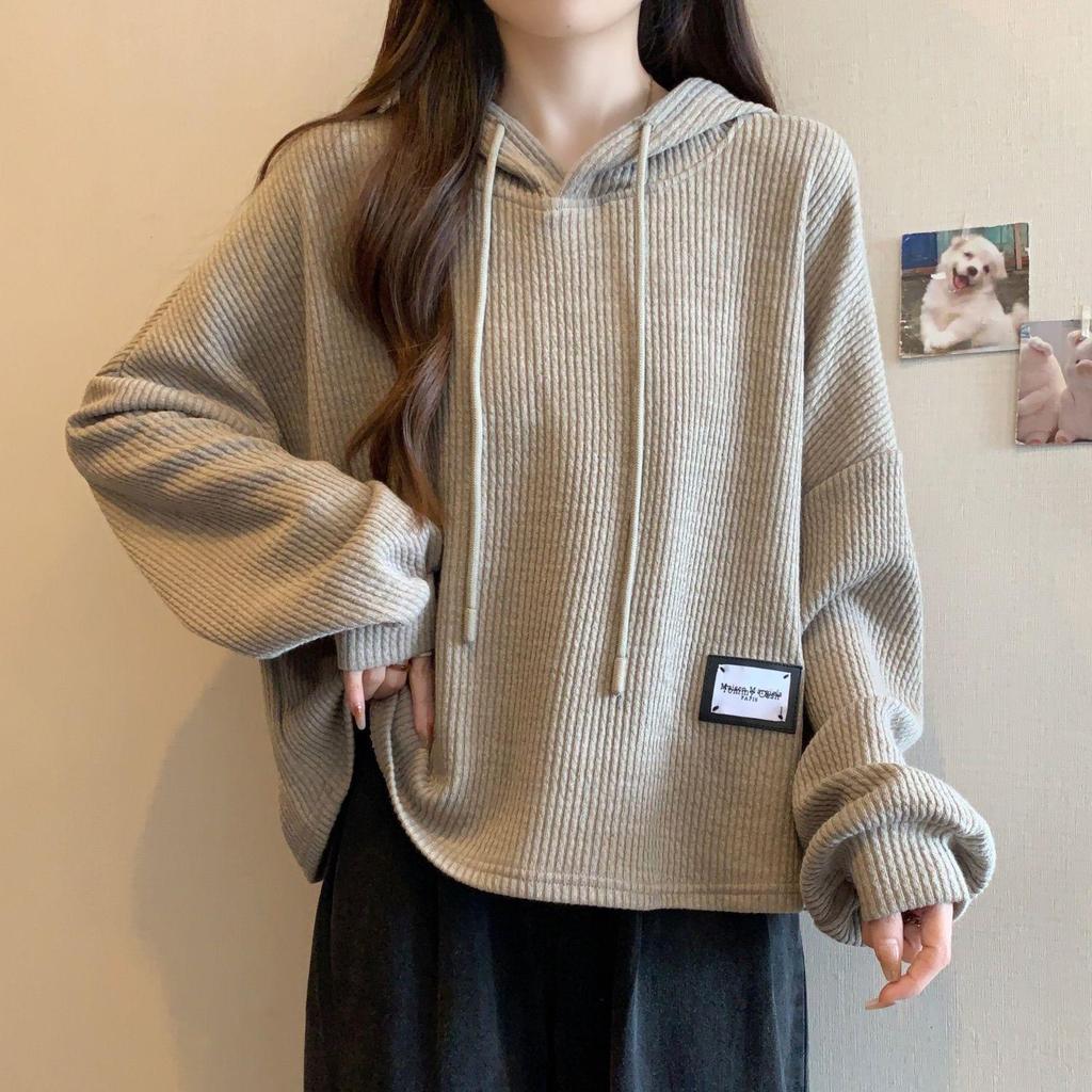 Women's Plus Size Ribbed Hoodie, Long Sleeve, 2025 Autumn/Winter, Korean Style, Loose, Slimming, Versatile, Warm Top