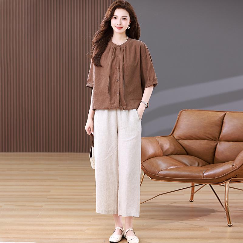 

Women s Summer 2025 Casual Ramie Two-Piece Set: Fashionable Coordinated Outfit with Wide-Leg Pants L кавовий