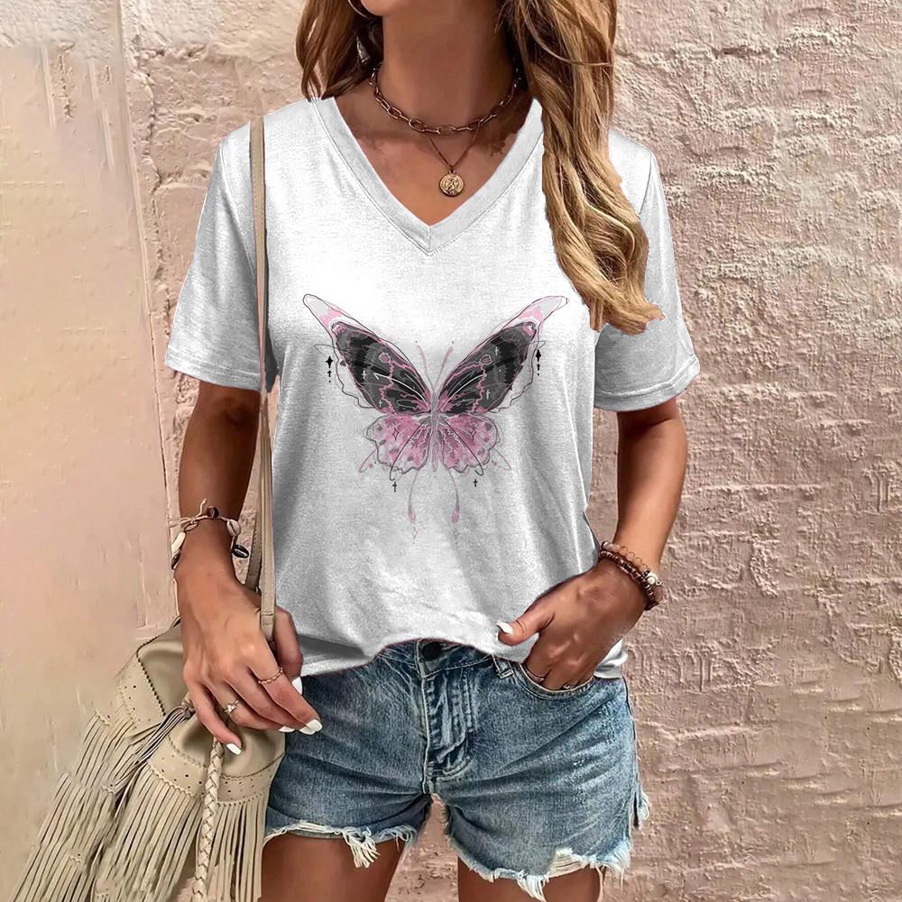 Daily Lightweight Women's V-neck Short Sleeved Top Fashionable And Comfortable Street Butterfly Pattern Printed Large T-shirt
