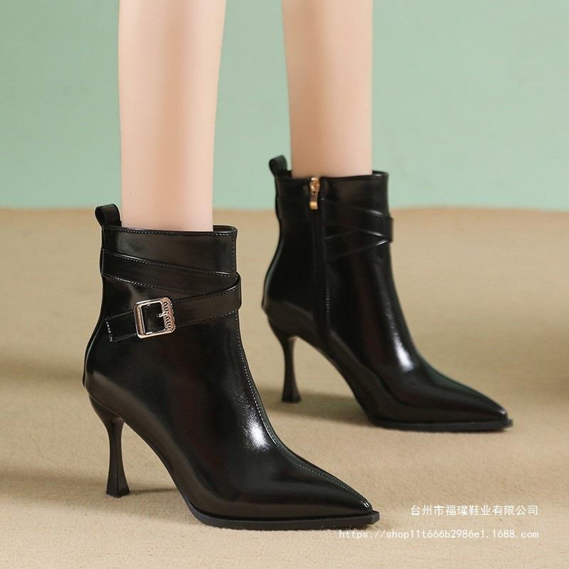 Thin heel Martin boots women's 2025 autumn and winter black short boots design sense belt buckle pointed high heel boots khaki cloth