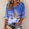 Women's Fashion Crew Neck Tie Christmas Print Ruffle 3/4 Sleeve Top