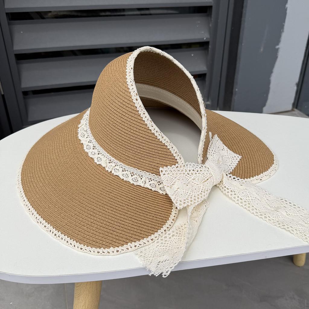 Lace Ribbon Bow Empty Top Hat Women's Summer Big Eaves Straw Sun Hat Sunscreen Resort Beach Straw Hat