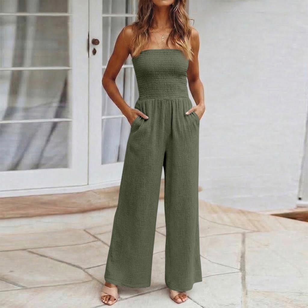 Women's Fashion Wide-Leg  Color Strapless Pocket Waist-cinching Jumpsuit