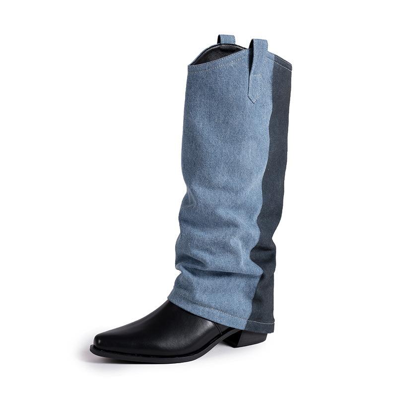 Pointed Pleated High-heeled Piled Boots Women's Autumn and Winter New Thick-heeled Boots But Knee-high Cowboy Boots