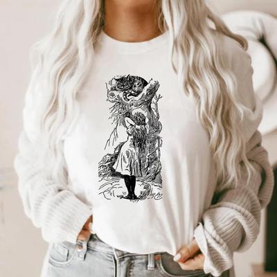 Alice Wonderland T Shirt Cheshire Cat Vintage Illustration Tee Cute Unbirthday Party Shirt Mom Shirt Women Casual Tops