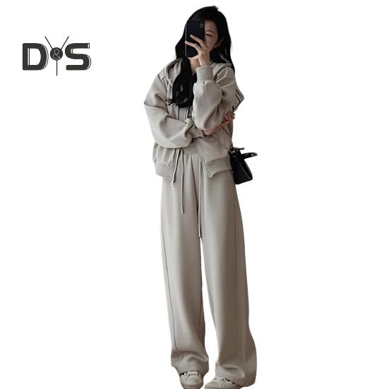 

2 шт./комплект женский пиджак брюки костюм с капюшоном молния длинный рукав толстая плюшевая подкладка куртка эластичный пояс затягивающийся шнурок широкие карманы брюки зима L хаки