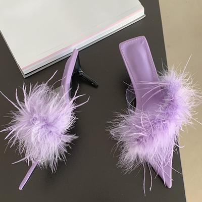 Liyke Fashion Low Thin Heels Mules Slippers For Women Pvc Transparent Shoes Purple Fluffy Feather Summer Slides Sandals