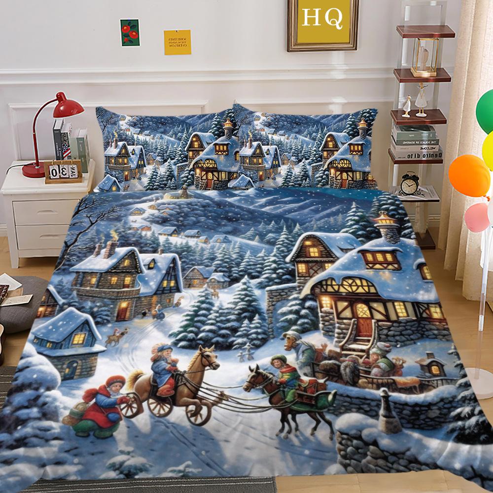 Christmas Carriage Snow Scene 3D Printed Polyester Pillowcase Quilt Cover Two Or Three-Piece Set Can Be
