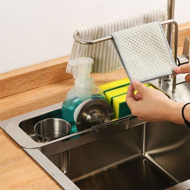 Multifunctional Over The Sink Storage Rack Stainless Steel Adjustable Shelf for Mess Release Kitchen Space