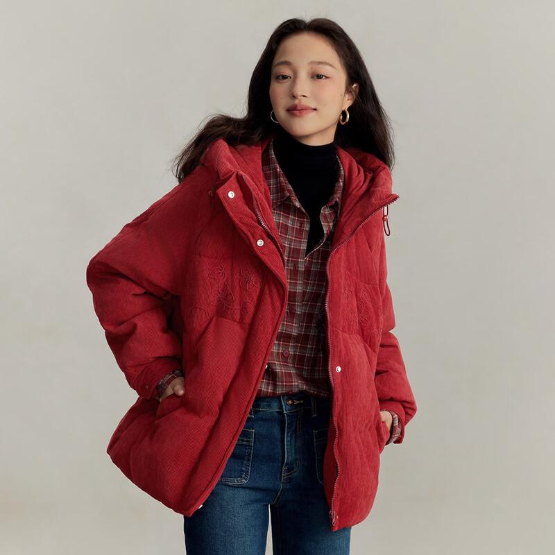 INMAN Vintage Embroidered Hooded Corduroy Down Jacket