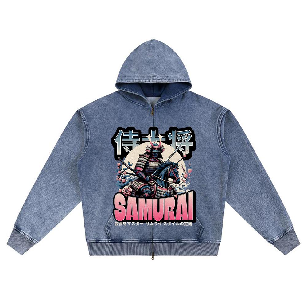 DTG print Knitted Denim Zip-Up Hoodie Japan Samurai Brother Print Zipper Hoodies  