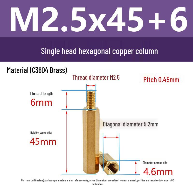 C3604 Brass Hexagonal Pillar with M2/M2.5 Internal & External Threads: Camera Stud Fixing Spacer Screw Rod