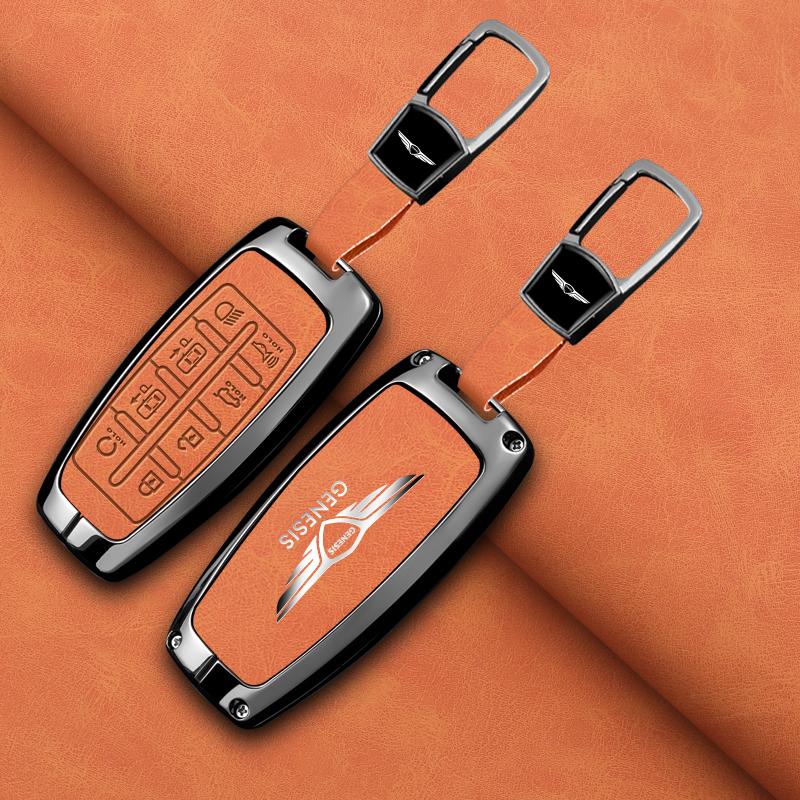 Leather Car Key Case Full Cover Protection Shell Keychain Accessories For Hyundai Genesis G80 GV70 GV80 GV90 2019 2020 2021 2022