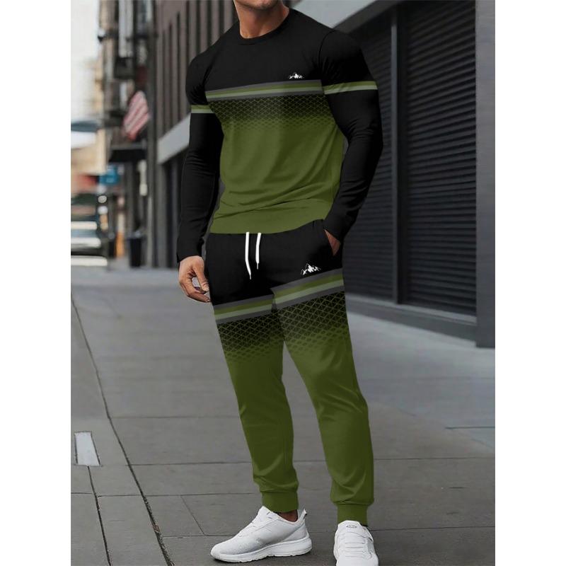 Men'S Casual Sportswear Set - Long-Sleeve Patterned T-Shirt And Drawstring Joggers, Made of Breathable Polyester Fiber