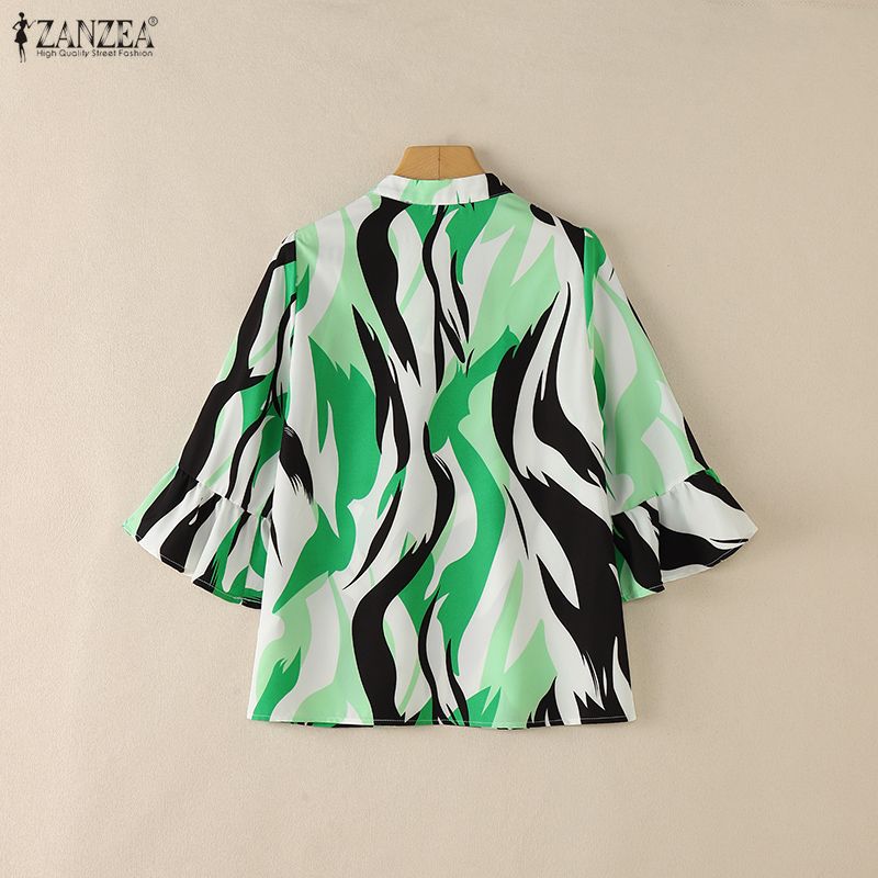 ZANZEA Women Casual Stand Collar Loose 3/4 Sleeve Print Blouse