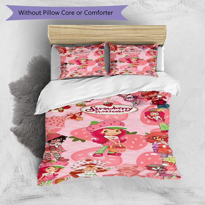 Set cuvertură de pilota 3 buc (1 * Husă de pilota + 2 * Față de pernă, Fără Miez), Set de așternut cu imprimeu Strawberry Shortcake, Decor pentru dormitor, Pentru toate anotimpurile, Cadou de ziua de naștere