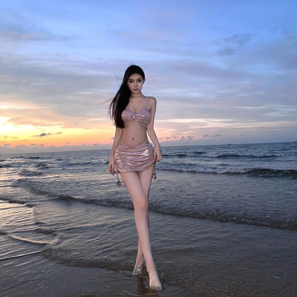 Swimsuit female sexy bikini diamond chain glitter gather three-piece slim split triangle vacation hot spring swimsuit